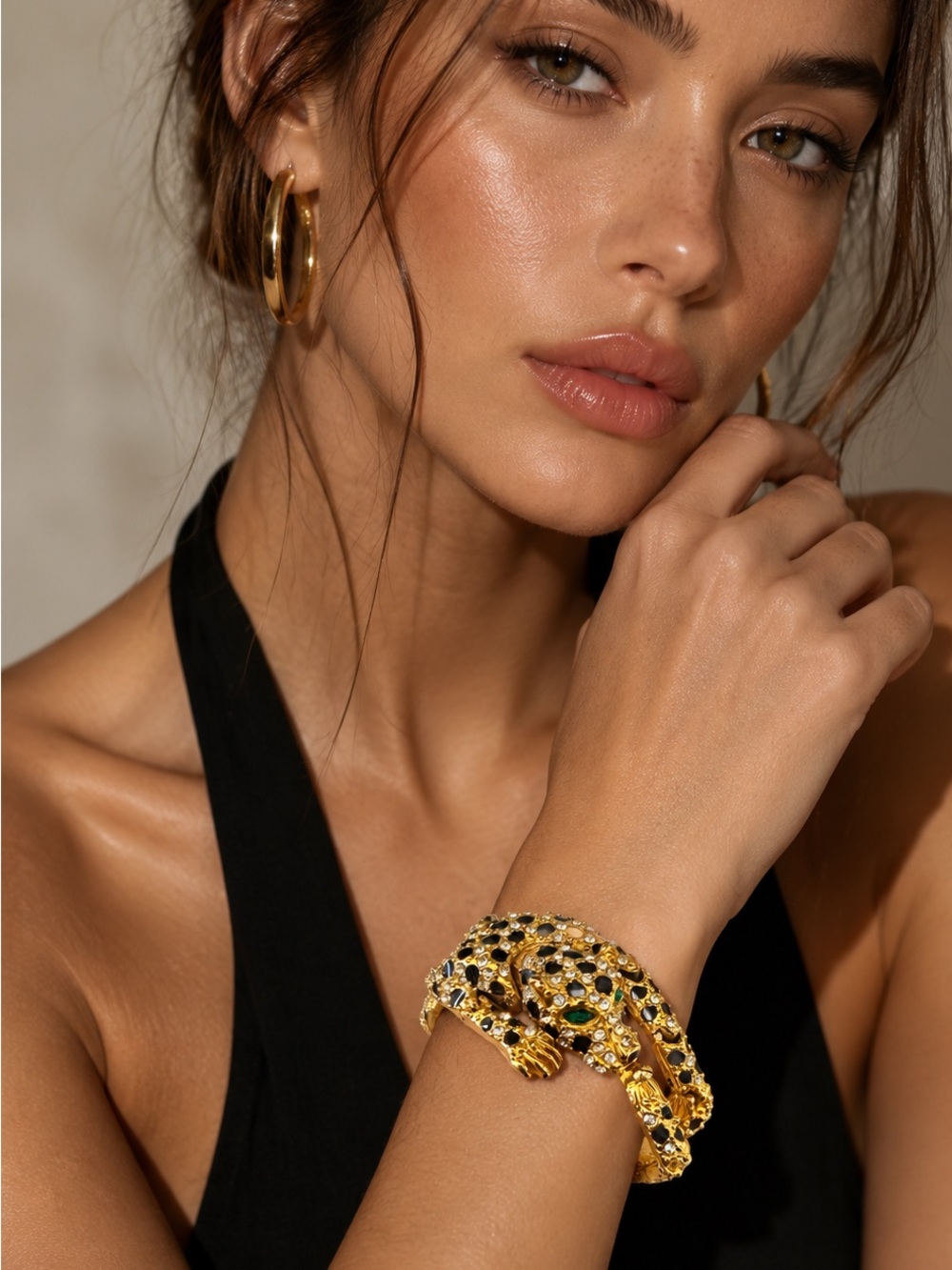 Gold Leopard Cuff Bracelet with Green and Black Stones